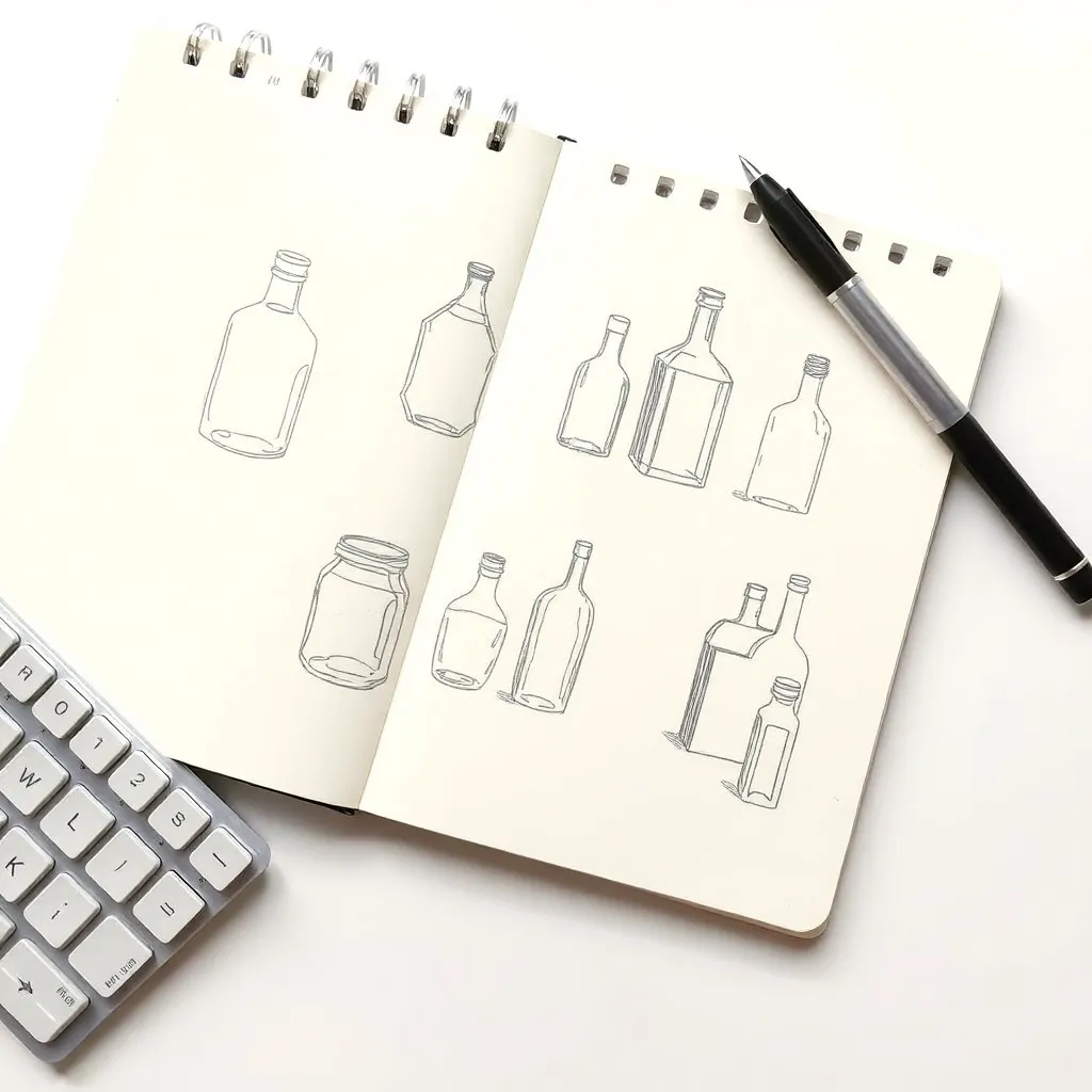 Notebook with sketches of glass jars and bottles, a keyboard, and a pen